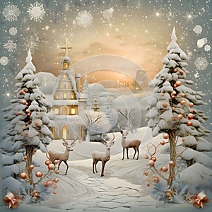 Illustrations chic reindeer deer in the middle of the Winter landscape in celeb the building of the Catholic Church. Christmas photo