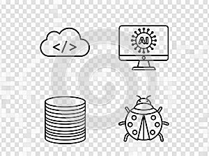 Illustrations of cloud computing, web development, database, and cybersecurity concepts