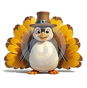 Illustrations of a cute little penguin dressed as a turkey wearing a pilgrim hat photo