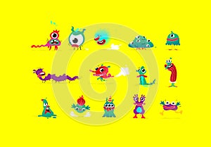 Illustrations of cute, pretty monster characters. Vector. Mascot for companies. Abstract creatures. Characters isolated on a yello