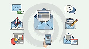 Email-themed illustration featuring icons like an