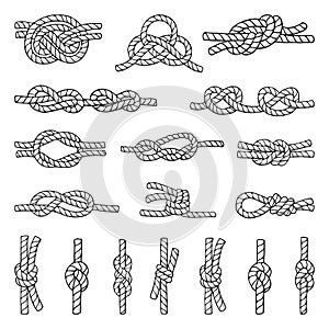 Illustrations of different nautical knots and nodes. Cordage icons set. Hand drawn pictures isolate on white