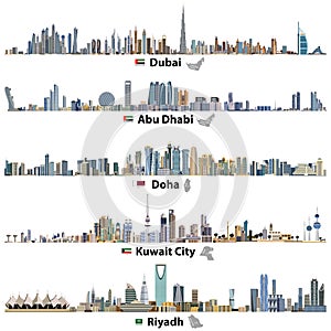 Illustrations of Dubai, Abu Dhabi, Doha, Riyadh and Kuwait city skylines with flags and maps photo