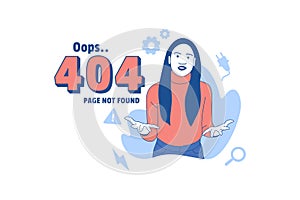 Illustrations of emotional woman for Oops 404 error design concept landing page