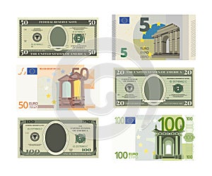 Illustrations of fake dollars and euro. Vector pictures of money