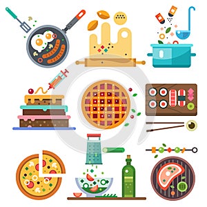 Illustrations of food in the cooking process