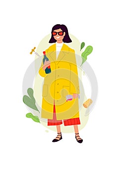 Illustrations of a girl with a glass of wine and a bottle in a yellow cloak. Vector. The woman celebrated the holiday. Having fun