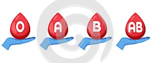 Illustrations of hands in medical glove holding a drop of blood with rhesus factors written on them, cliparts, medicine