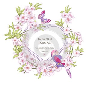 Illustrations with Japanese blossom pink sakura and birds with p