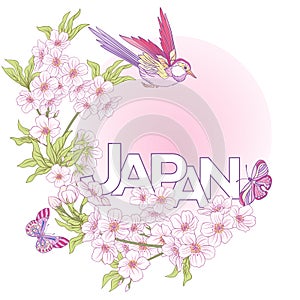 Illustrations with Japanese blossom pink sakura and birds and wo