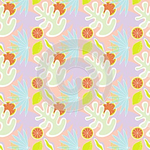 Illustrations of lemon, lime and mint leaves in seamless pattern