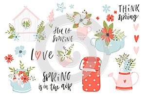 Illustrations and lettering spring hand drawn set