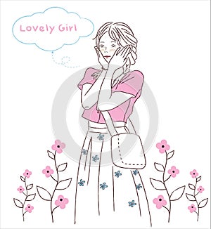 lovely girl in flower dress mininalism illustration line art style