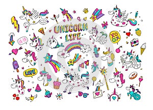 Illustrations of a magical unicorn. Vector. Cartoon horse world with a horn. Cat Mermaid. Kawaii characters. Mythical creatures wi