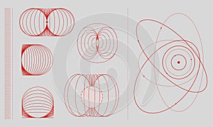 Illustrations of magnetic field lines and orbital paths in red on a white background. Abstract geometric shapes