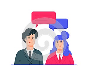 Illustrations of man and woman in business suits. Vector. The couple communicates on the Internet or live. Chatting with a partner