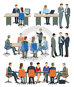 Illustrations of office meetings and presentations