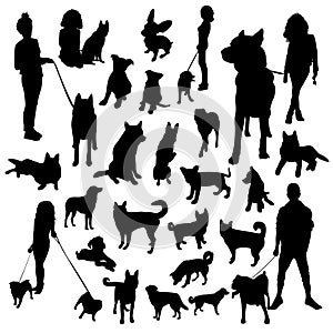 Illustrations of people and dogs black silhouette set