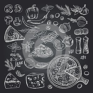 Illustrations of pizza ingredients on black chalkboard. Pictures set of italian kitchen