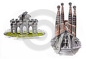Illustrations of Puerta de AlcalÃÂ¡, and Sagrada Familia photo
