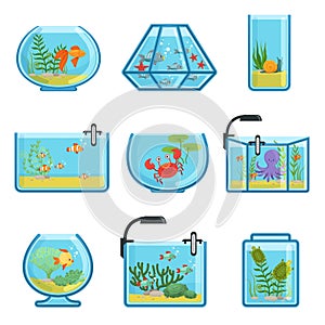 Illustrations set of different aquariums with fishes and saltwater. Underwater world