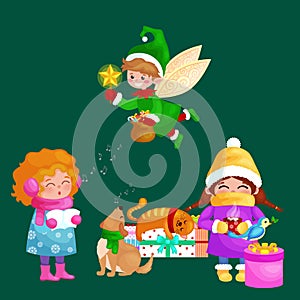 Illustrations set Merry Christmas Happy new year, girl sing holiday songs with dog pets, cat and dog enjoy presents, elf