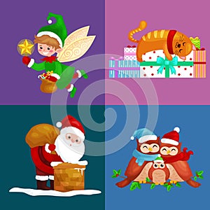 Illustrations set Merry Christmas Happy new year, girl sing holiday songs with pets, snowman gifts, cat and dog enjoy