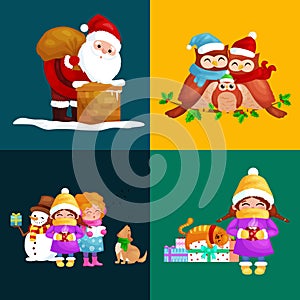 Illustrations set Merry Christmas Happy new year, girl sing holiday songs with pets, snowman gifts, cat and dog enjoy