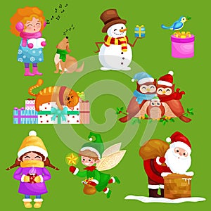 Illustrations set Merry Christmas Happy new year, girl sing holiday songs with pets, snowman gifts, cat and dog enjoy