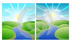 Illustrations with set simple summer landscapes, winding river against green shores and Sunny sky