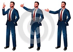 Illustrations showcasing businessmen confidently engaging in various presentation gestures