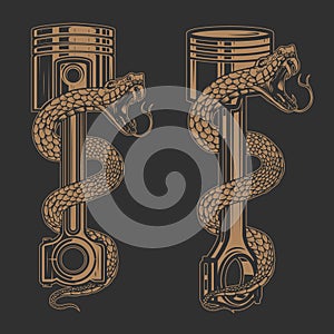 Illustrations of snake on car piston. Design element for poster, card, banner, sign.