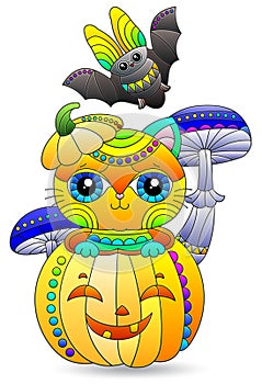 An illustrations in the style of stained glass for Halloween with cute cat in a pumpkin, animal isolated on a white background