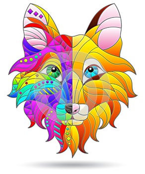 Illustrations in the style of stained glass with a portrait of a bright abstract fox, the animal is isolated