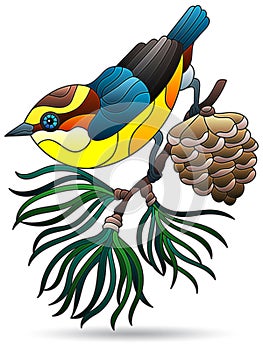 An illustrations in the style of stained glass windows with a bird on fir branch, bird isolated on a white background