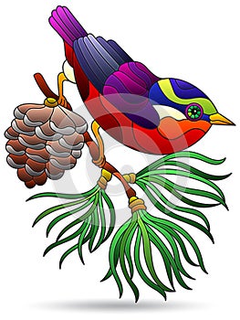 An illustrations in the style of stained glass windows with a bird on fir branch, bird isolated on a white background