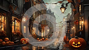 Illustrations of terrifying pumpkins on a dark street