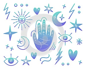 Illustrations on the theme of magic, voodoo, palmistry. A set of magic symbols. The hand with signs, the moon, the stars