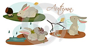 Illustrations for the three months of autumn with rabbits in different situations. Pictures for children's