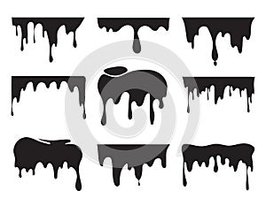 Illustrations of various dripping black paint. Vector pictures of splashes