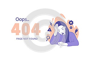 illustrations of woman holding hands on head having disappointment for Oops 404 error design concept landing page