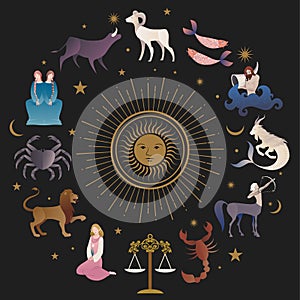 Illustrations of zodiac signs collections, medieval style, on starry sky, sun, moon and stars