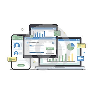 Digital devices displaying data analytics and project management interfaces.
