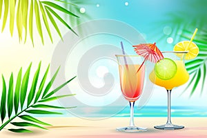 Illustrative banner with palm leaves and cocktails. Summer vacation concept