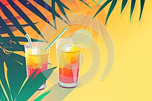 Illustrative banner with palm leaves and cocktails. Summer vacation concept