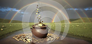 Illustrative depiction of a pot filled with gold coins at the end of the rainbow, the legend of the gold at the end of the rainbow photo