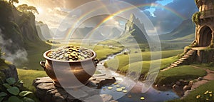 Illustrative depiction of a pot filled with gold coins at the end of the rainbow, the legend of the gold at the end of the rainbow photo