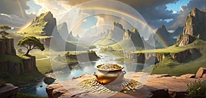 Illustrative depiction of a pot filled with gold coins at the end of the rainbow, the legend of the gold at the end of the rainbow photo