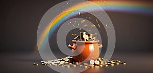 Illustrative depiction of a pot filled with gold coins at the end of the rainbow, the legend of the gold at the end of the rainbow photo