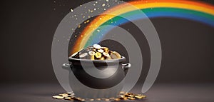 Illustrative depiction of a pot filled with gold coins at the end of the rainbow, the legend of the gold at the end of the rainbow photo